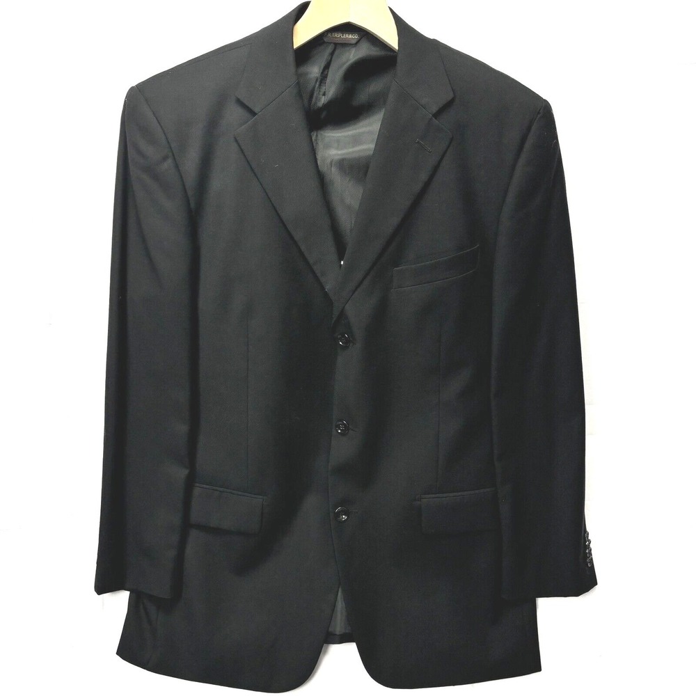 FR Tripler & Co Mens‎ Black Wool Cashmere 3 Button Blazer Sport Coat Lana Lux